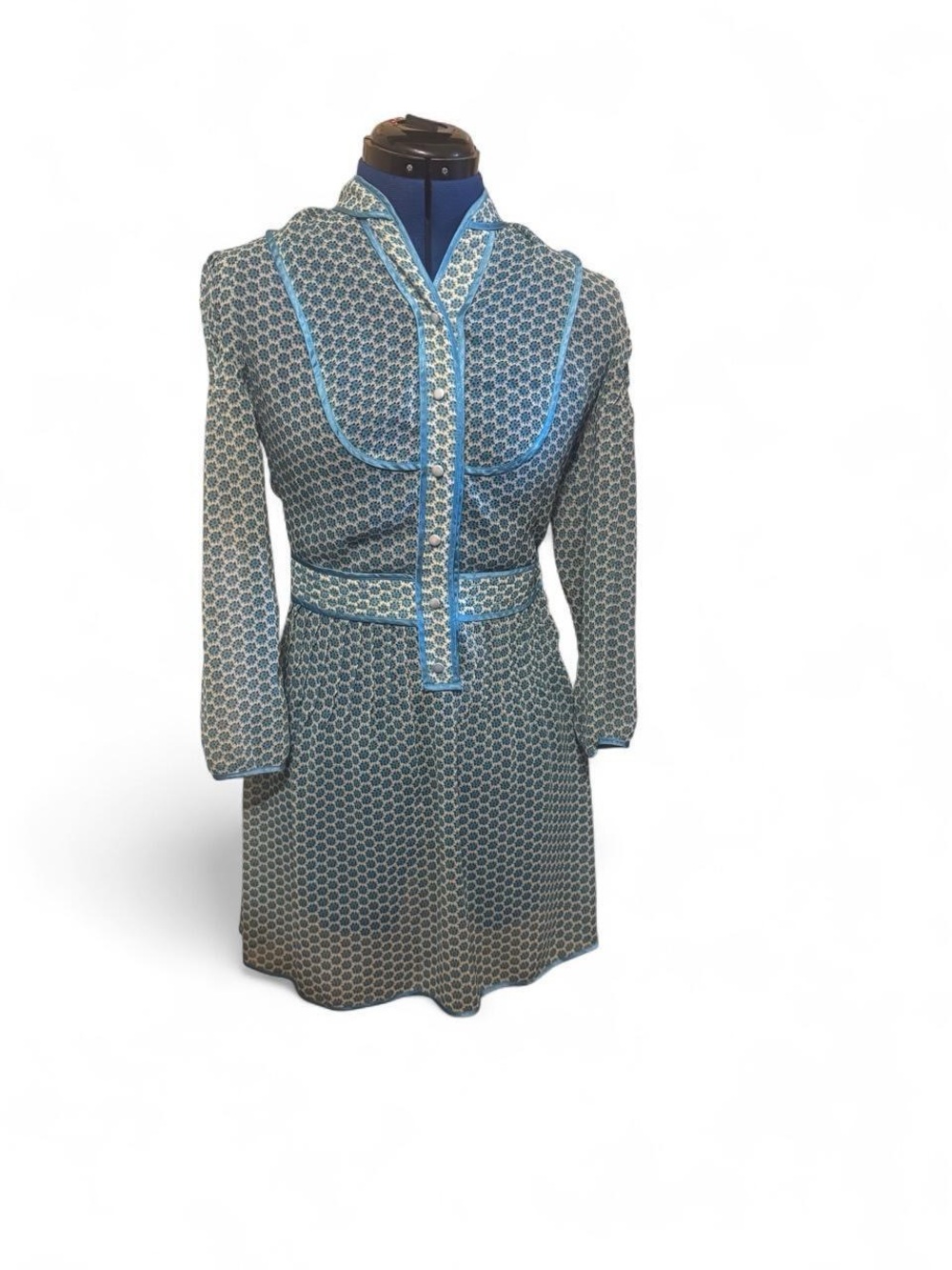 Blue Patterned Long-Sleeve A-Line Dress